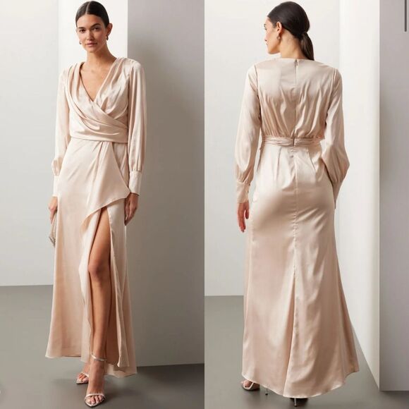 Ieena Mac Duggal Gold Champagne Long Sleeve Satin Gown 16 Formal - Picture 1 of 8
